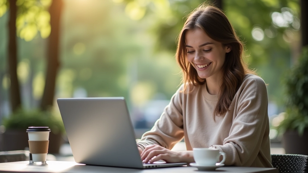 Personne travaillant sur un ordinateur portable depuis une terrasse avec une tasse de café, environnement détente