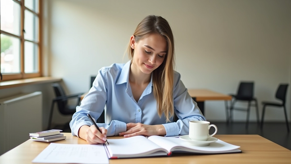 Femme en tenue professionnelle assise à un bureau avec un calendrier et un planificateur, lumière naturelle de la fenêtre